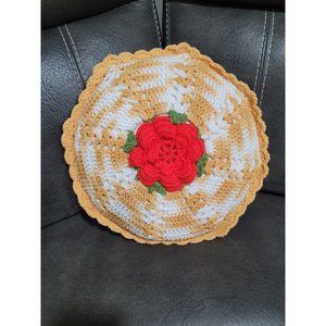 Hand Crochet round Yellow white red 3D Flower Throw Pillow scalloped edge 15”
